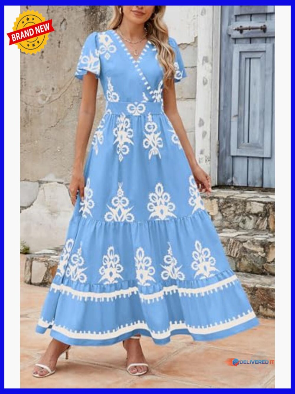 Boho Maxi Dress with Pockets Tiered Bell Sleeve - Picture 6 of 7